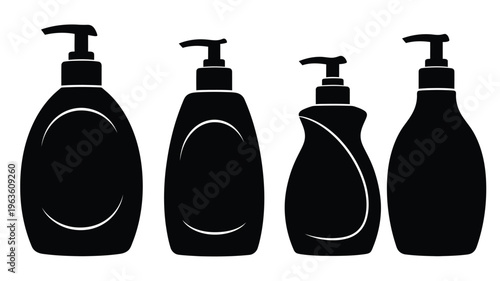 Four black soap dispensers presented in a striking silhouette