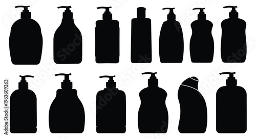 Collection of various lotion and soap dispenser shapes black silhouette