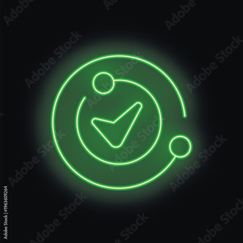 Neon green check mark glowing on a black background conveying validation