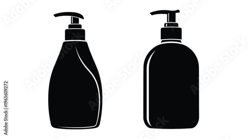 Two black soap dispensers presented in a stark silhouette