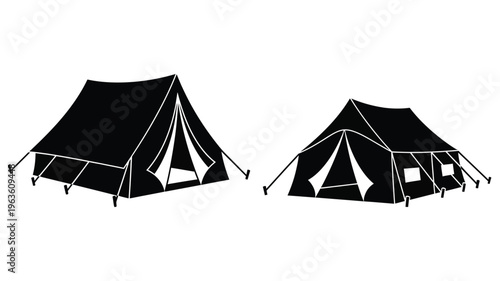 Two camping tents depicted in a stark black silhouette