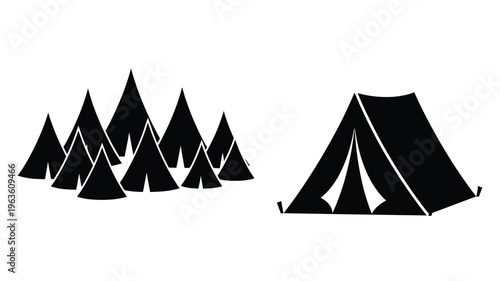 Minimalist depiction of mountains and a tent in black silhouette
