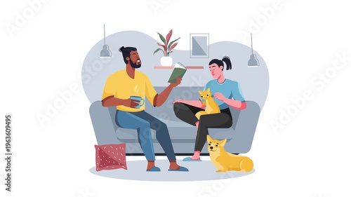 Couple relaxing on sofa reading books with cats in cozy living room animation