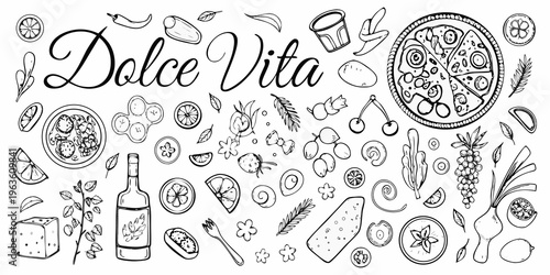 Hand drawn illustration of italian food wine and decorative elements
