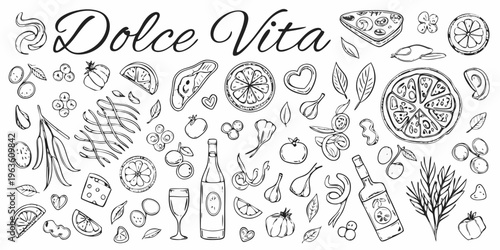 Dolce vita themed doodle illustration with fruits pastries and beverages