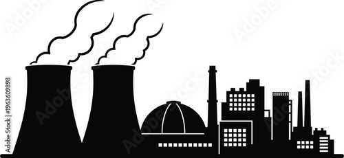 Industrial Factory and Nuclear Power Plant Silhouette Featuring Cooling Towers and Smoke Plumes Integrated with Urban Manufacturing Buildings for Energy Production and Heavy Industry