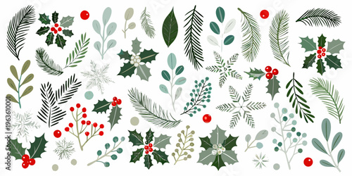 Assorted winter botanical illustrations featuring holly berries and foliage