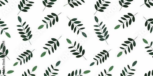 A seamless pattern of scattered green leaves on a white background