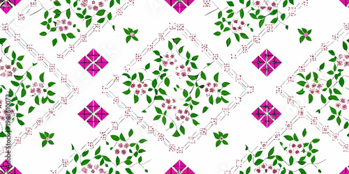 Repeating pattern of pink diamond shapes and delicate floral vines
