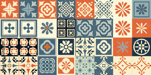A collection of colorful patterned ceramic tiles in a grid layout