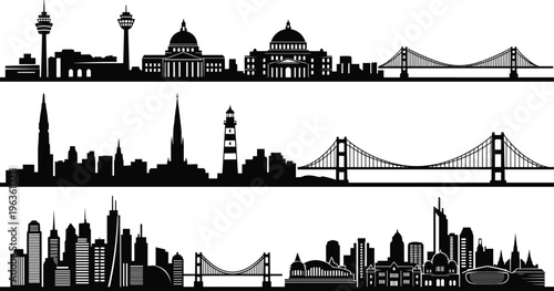 City skyline silhouette illustration, urban architecture rows, suspension bridge design, domed buildings, spires towers, diverse metropolitan vector artwork