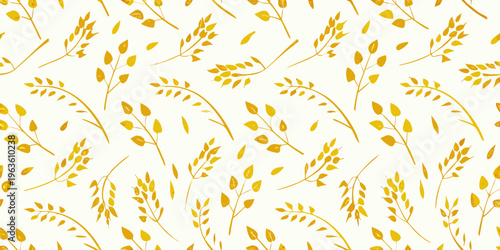 Golden floral pattern with delicate stems and leaves on a white background