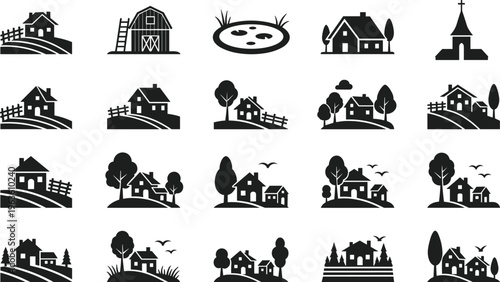 Countryside silhouette icons illustration, rural houses barns, village church steeple, trees fences hills, farmland landscape vector artwork