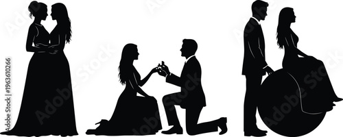 Couple silhouette illustration, romantic proposal, wheelchair support, inclusive love, diverse relationships, affection gesture, minimalist black white artwork