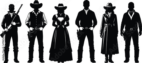 Cowboy silhouette illustration, Old West figures, rifle holster, long coat, frontier attire, Western fashion, bandana hat, vintage design art