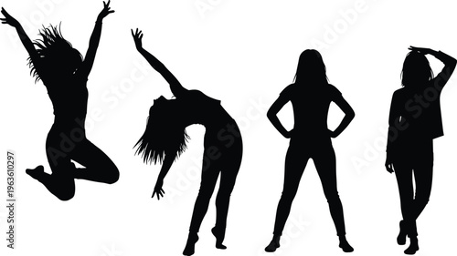 Dynamic human silhouette illustration, expressive body poses, jumping arching standing, posture movement artwork, individuality vector black white design