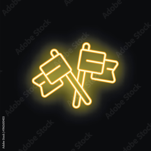 Neon sign of two crossed flags glowing on black background, concept of challenge, competition, rivalry