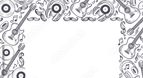 Guitar Music Notes Headphones Vinyl Records Mustache Doodle Border Frame
