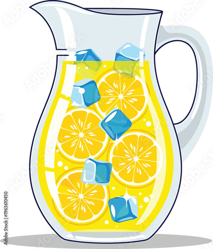 Fresh summer lemonade in a glass and pitcher with citrus fruits and ice cubes makes a healthy cold beverage or liquid refreshment