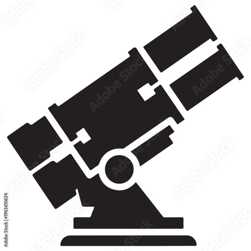 Professional astronomical telescope silhouette pointing towards the night sky for celestial observation, isolated on white for scientific research and space exploration concepts.