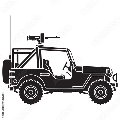 Military Off-Road Tactical Vehicle Silhouette with Mounted Machine Gun and Spare Tire, Side View Stencil Illustration for Combat and Defense Concepts, Bold Black and White Graphic Design