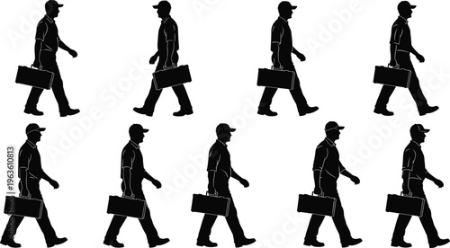 Walking figure silhouette illustration, briefcase posture, uniform motion, repetitive pattern design, business routine artwork, minimalist black white vector