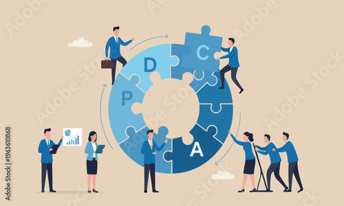 PDCA and better quality, Plan, Do, Check and Act concept, businessman coworker help complete jigsaw puzzle loop with alphabets PDCA