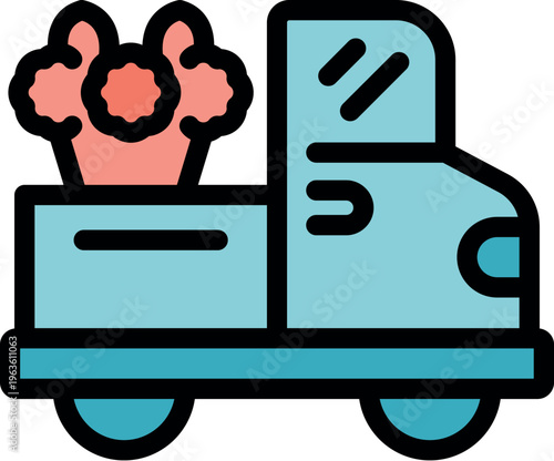 Charming pickup truck transports a vibrant bouquet, symbolizing flower delivery service and the joy of receiving fresh blooms