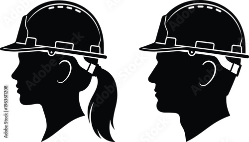 Black and White Side Profile Silhouette of Male and Female Construction Workers Wearing Industrial Safety Hard Hats for Professional Labor Occupational Health Site