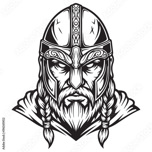 Fierce Viking warrior head with ornate helmet and braided beard staring intensely forward in a black and white vector illustration mascot design for sports or gaming with powerful Norse vibes.