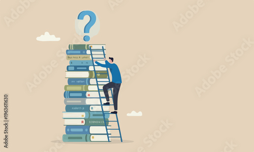 Business education future job, challenge and personal improvement, reading list concept, businessman climb up ladder on books stack for good vision