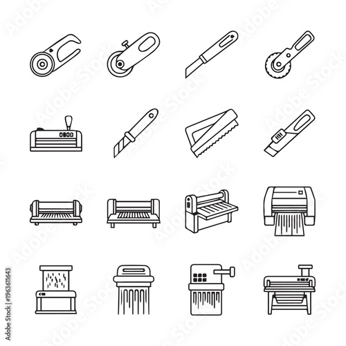 Cutting Tools Collection Line Art Icons. Office Supplies and Craft Equipment. Vector Illustration