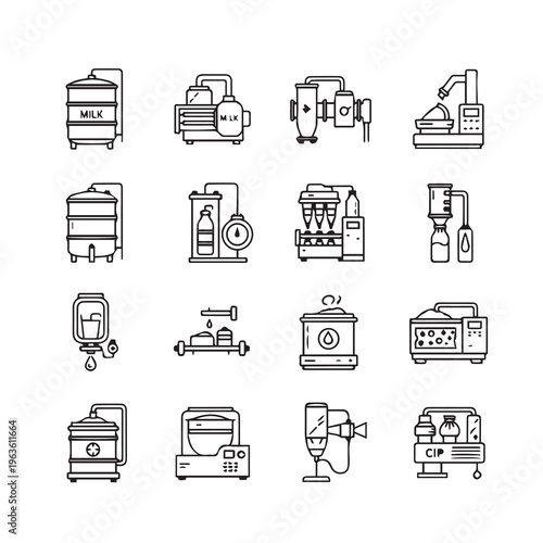 Dairy Processing Equipment IconsIndustrial Machines for Milk Production and Pasteurization