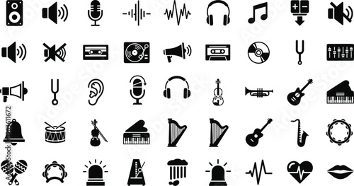 Audio, music, and sound vector icon set. musical instruments, volume, and recording symbols, music icons