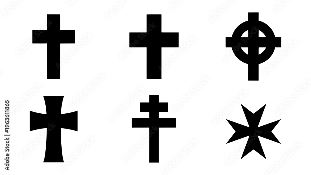Fototapeta premium Religious cross icons set, black christian crucifix silhouettes, collection of 6 spiritual symbols including celtic and maltese crosses