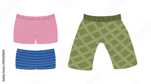 Swimming trunks, beach shorts illustration isolated set. Man beachwear. Summer holidays, resort, pool, water sport. Flat design, clip art element collection. Hand drawn vector