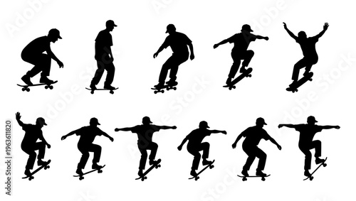 Skateboarder silhouette vector set, 11 skater figures performing tricks and stunts, black urban extreme sports icons on white background