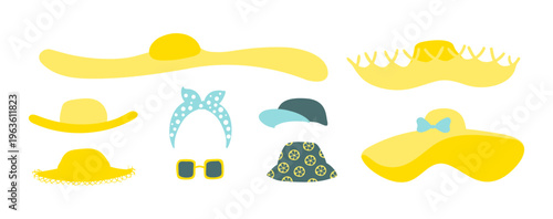 Summer hat, sun hat, sunglasses, head scarf illustration isolated set. Beach wear, fashion, accessory, summer holidays, vacations, resort. Flat design, clip art element collection, hand drawn vector