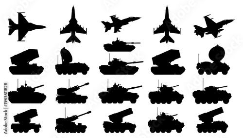 Military vehicle silhouettes set, 20 black army icons including tanks and fighter jets, combat weapon vector collection for war games and defense infographics