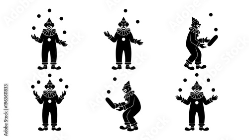 Vintage circus clown silhouette set, 6 juggling performer vector icons, retro carnival entertainer illustrations for event posters and branding