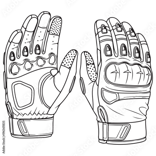 Detailed line art illustration of a pair of tactical motorcycle gloves showing palm and back views with reinforced knuckle protection and grip texture for coloring book or technical design.