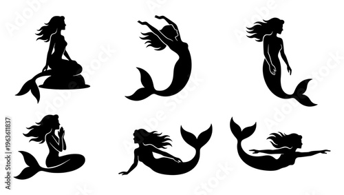 Black mermaid silhouette collection, set of 6 mythical sea creature icons, elegant underwater siren vector illustrations for nautical design