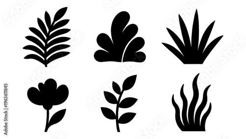 Minimalist black leaf silhouettes set, collection of 6 botanical plant icons, simple floral nature elements for logo design and branding
