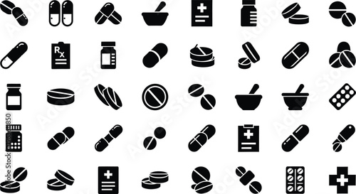 Medical pharmacy & healthcare icons collection: pills, bottles, mortar, capsules, black silhouette graphics