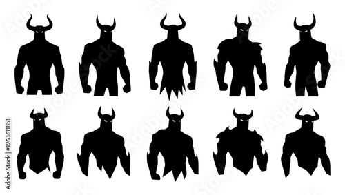 Viking warrior silhouette set, 10 horned barbarian knight icons, dark fantasy demon soldier vector collection for gaming and logo design