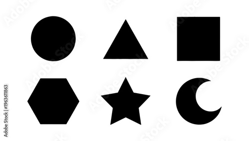 Minimalist geometric shapes collection, set of 6 black solid icons including circle, triangle, square, hexagon, star and crescent moon vector