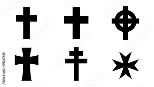Religious cross icons set, black christian crucifix silhouettes, collection of 6 spiritual symbols including celtic and maltese crosses