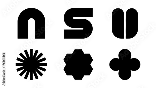 Minimalist geometric logo set, 6 black abstract vector icons, modern brutalist graphic elements for branding and corporate identity design