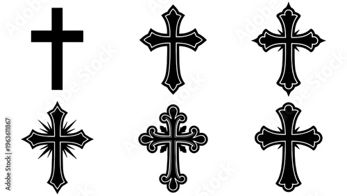 Gothic Christian cross collection, 6 black vector crucifix icons, ornate religious symbols for church branding and tattoo design