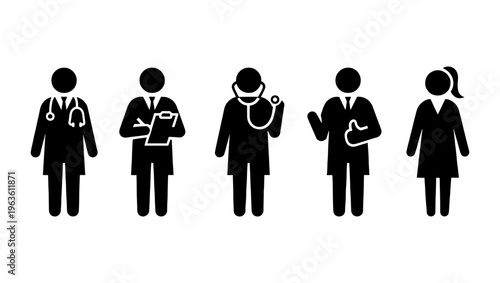 Medical professional icons set, doctor and nurse silhouettes with stethoscope and clipboard, healthcare staff vector graphics for hospital infographics